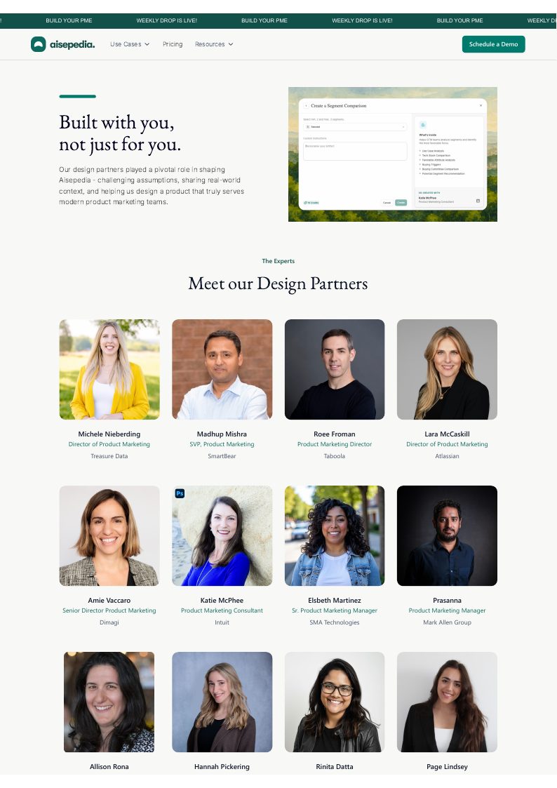 Aisepedia design partner page showing the message Built with you, not just for you and practitioner profiles